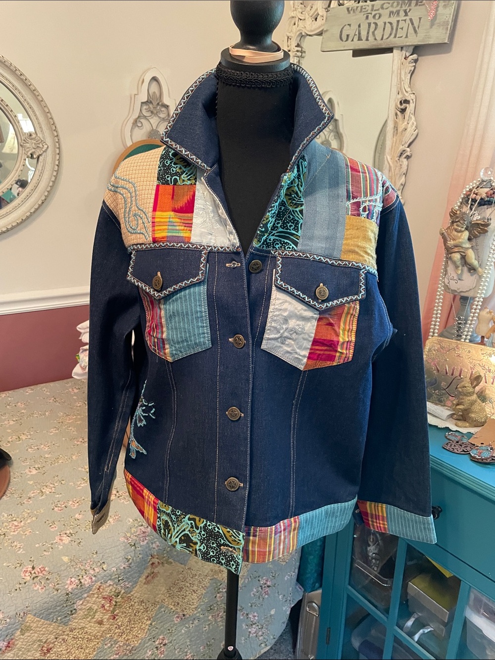 Boho Patchwork Navy Denim Jacket -By Cella Forrester artist